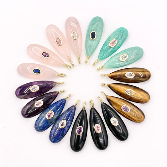 13x35mm Natural Gemstone Puffy Teardrop Shape Charm with Colorful CZ Pave | Amethyst/ Lapis/ Black Obsidian/ Tiger's Eye & More 1 PC