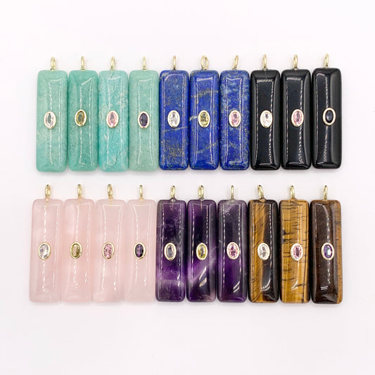 13x45mm Natural Gemstone Puffy Rectangle Shape Charm with Colorful CZ Pave | Amethyst/ Lapis/ Black Obsidian/ Tiger's Eye & More 1 PC