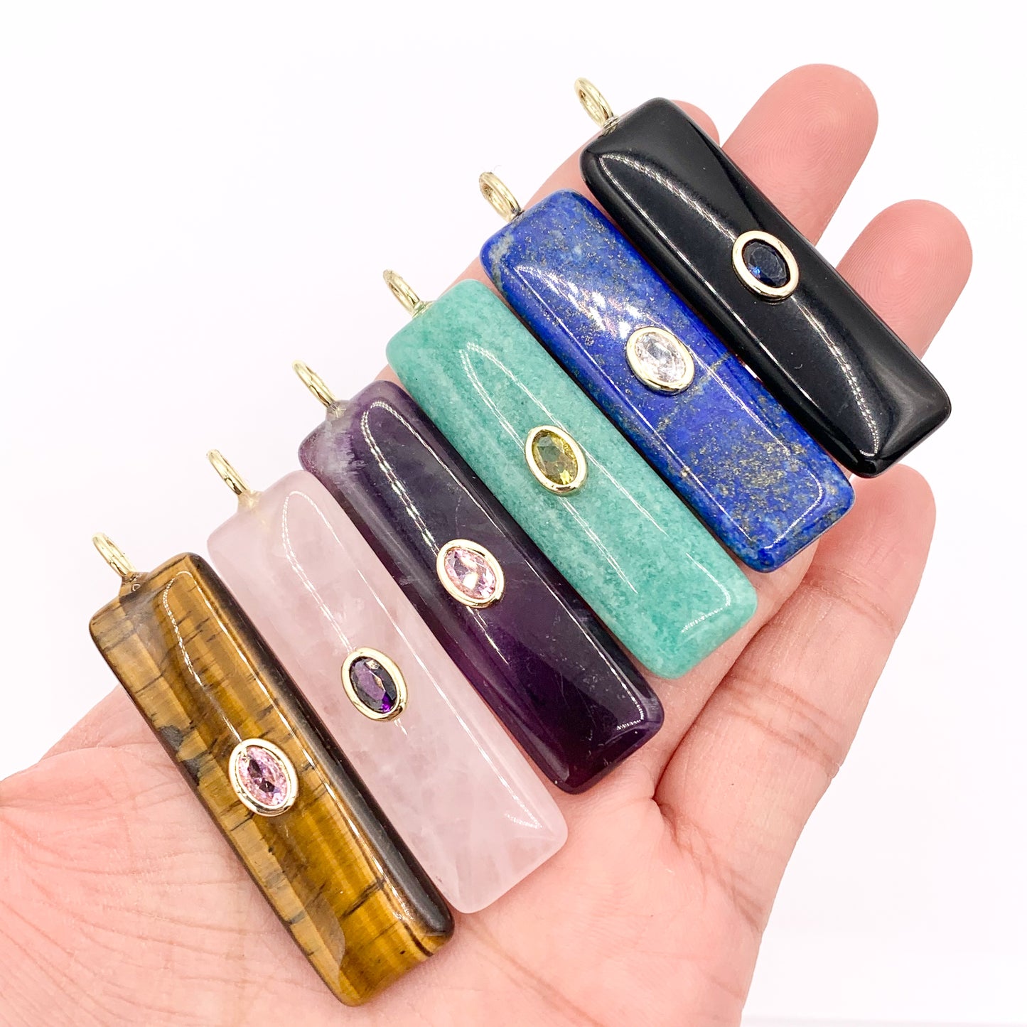 13x45mm Natural Gemstone Puffy Rectangle Shape Charm with Colorful CZ Pave | Amethyst/ Lapis/ Black Obsidian/ Tiger's Eye & More 1 PC