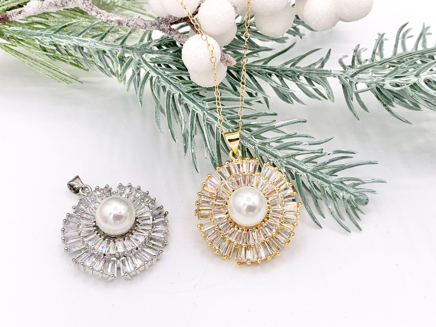 Large Mother Of Pearl CZ Pave Rhinestone Statement Pendant in 18K Gold/Platinum plated Copper 2PCS