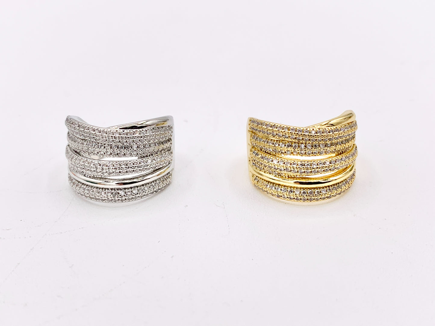 Thick Wrap Adjustable Ring in Real Gold/Platinum 18K Plated Copper CZ Pave 3PCS