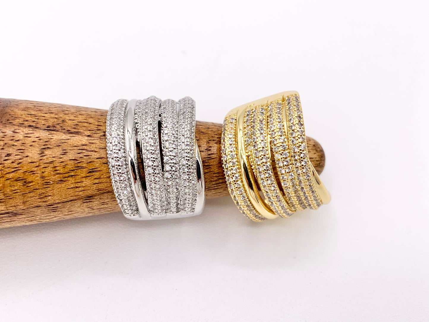 Thick Wrap Adjustable Ring in Real Gold/Platinum 18K Plated Copper CZ Pave 3PCS
