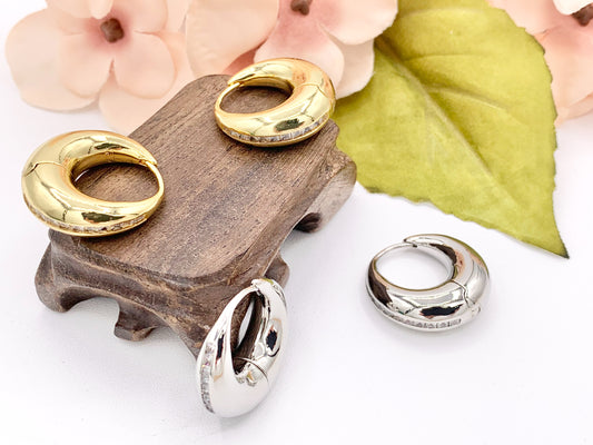 Puffy 24mm Small Circle Hoops Earring Huggies with CZ Pave in 18K Gold or Silver Plated Copper 3 PAIRS