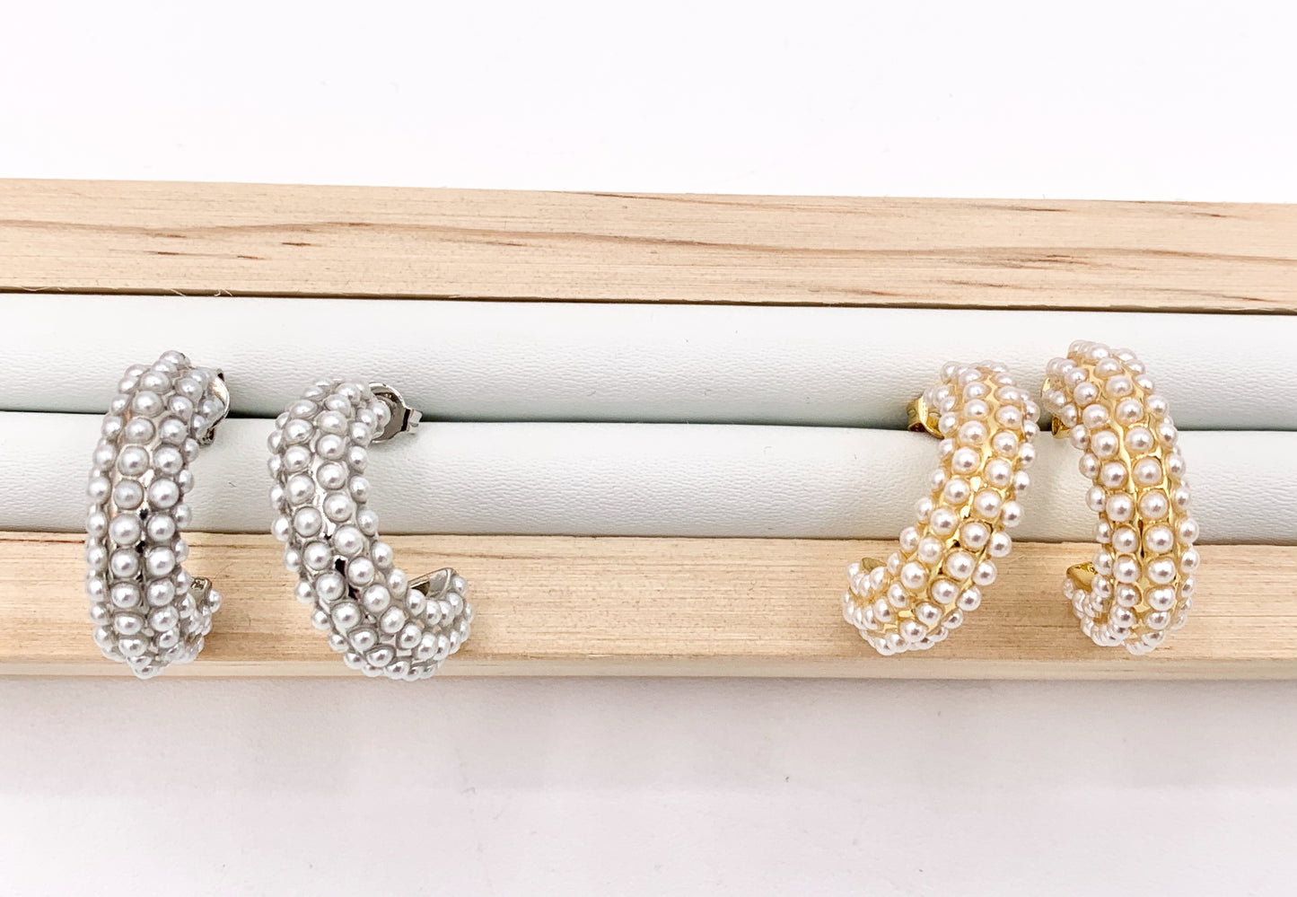 Real Gold/Silver 18K Pearl Earring Half Curved Hoop 3 PAIRS