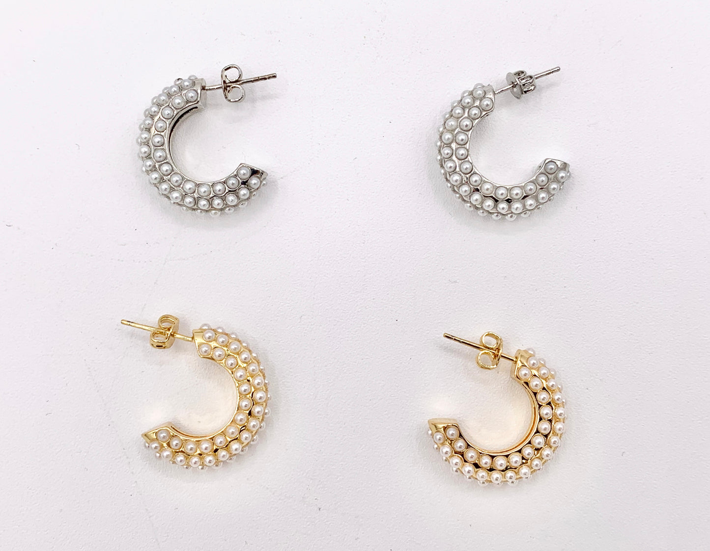 Real Gold/Silver 18K Pearl Earring Half Curved Hoop 3 PAIRS