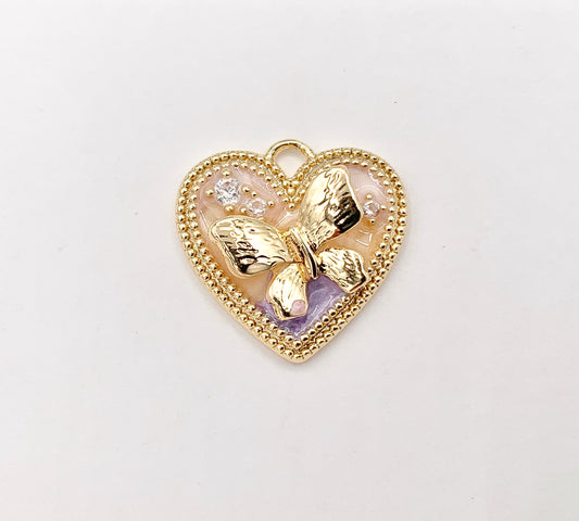 Cute Pink Enamel Heart with Butterfly Charms in 18K Gold Plated Over Copper 6 PCS