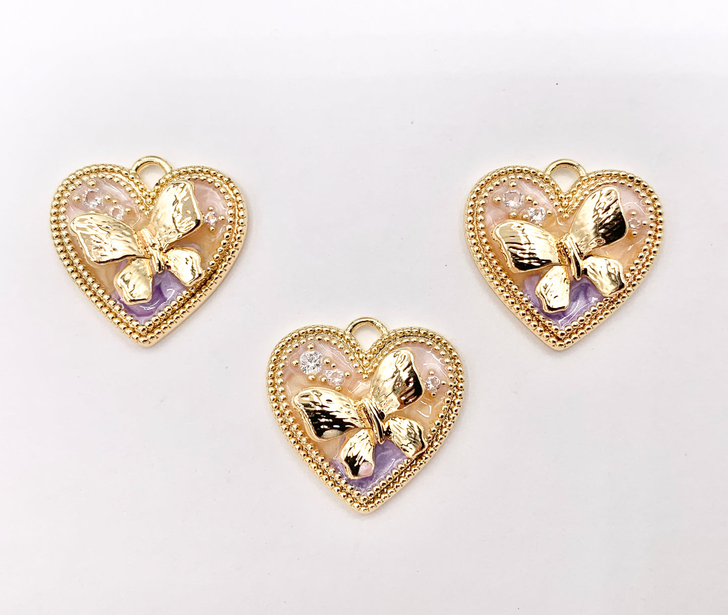 Cute Pink Enamel Heart with Butterfly Charms in 18K Gold Plated Over Copper 6 PCS