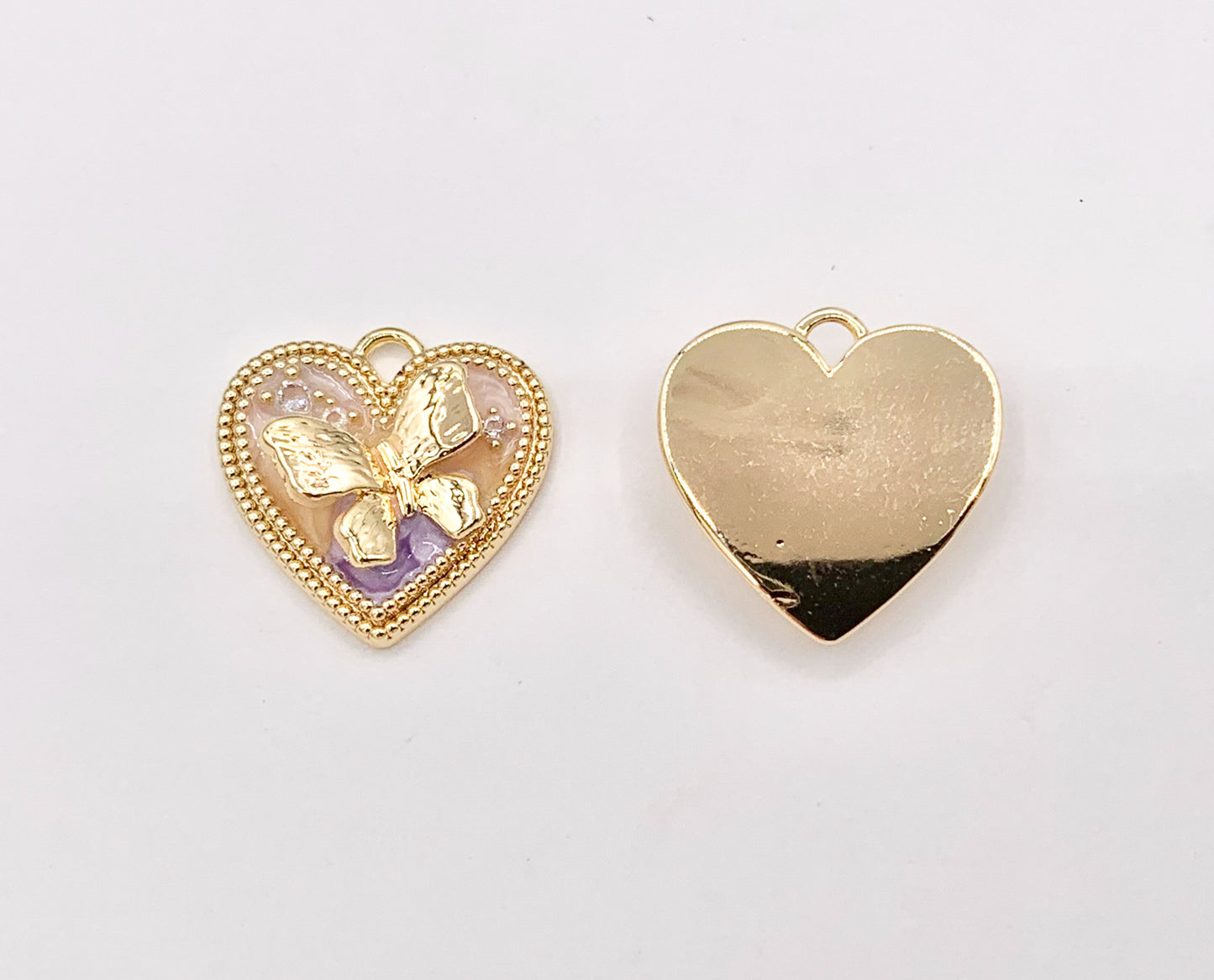 Cute Pink Enamel Heart with Butterfly Charms in 18K Gold Plated Over Copper 6 PCS