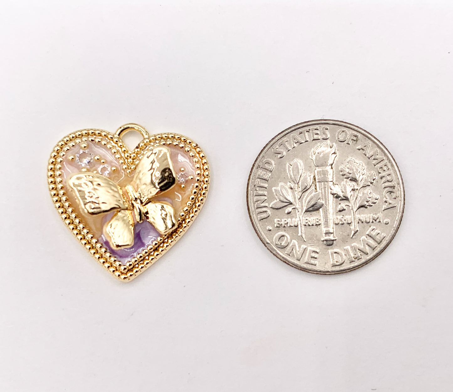 Cute Pink Enamel Heart with Butterfly Charms in 18K Gold Plated Over Copper 6 PCS