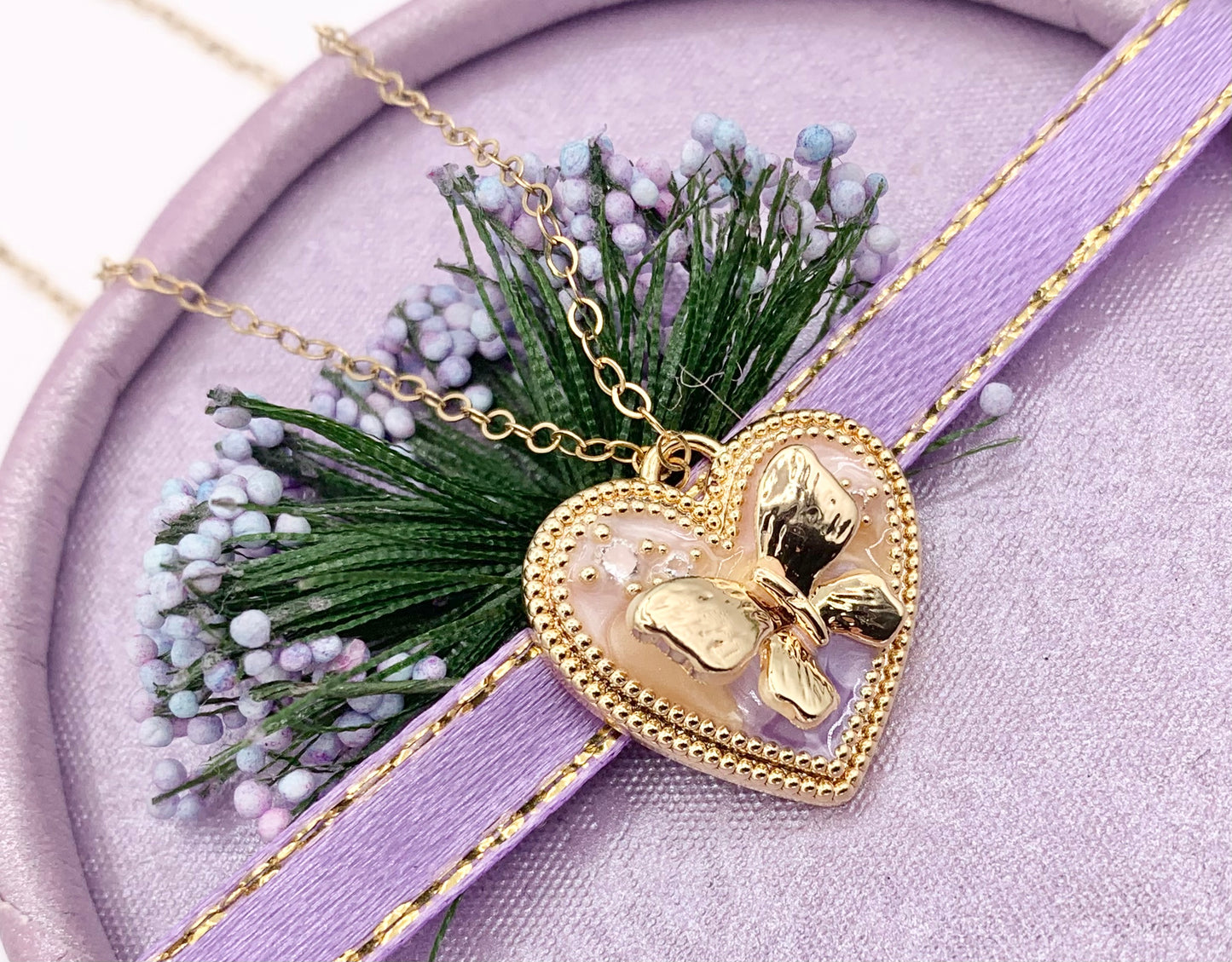 Cute Pink Enamel Heart with Butterfly Charms in 18K Gold Plated Over Copper 6 PCS