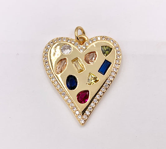 Multi CZ Pave Heart Pendant Charmin 18K Gold Plated Copper 3 PCS