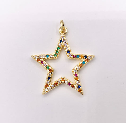 1 Inch Multicolor Hollow Star Charm in Real 18K Gold Plated Over Brass 5 PCS