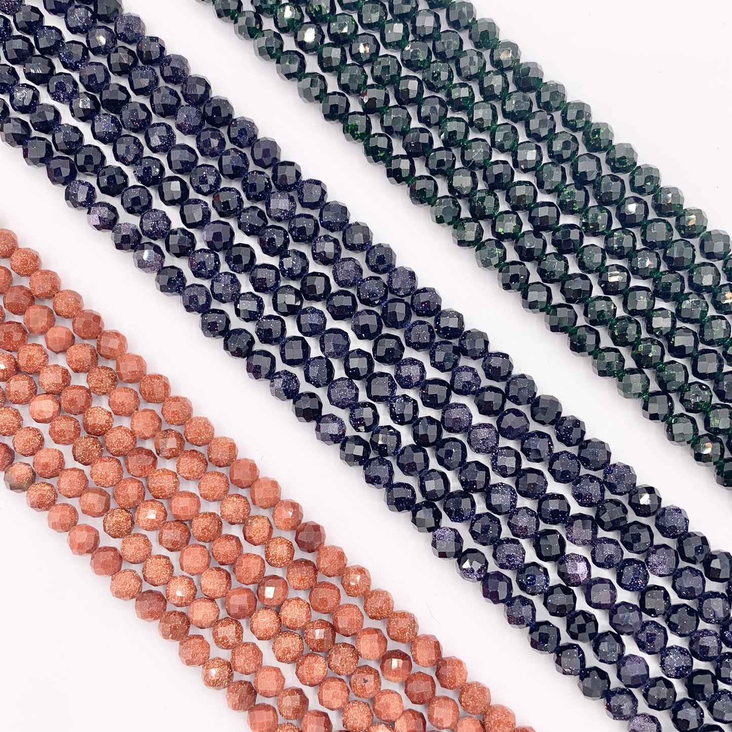 3mm 4mm Glittering Goldstone faceted Round Beads in Brown, Blue & Green Around 14.5"