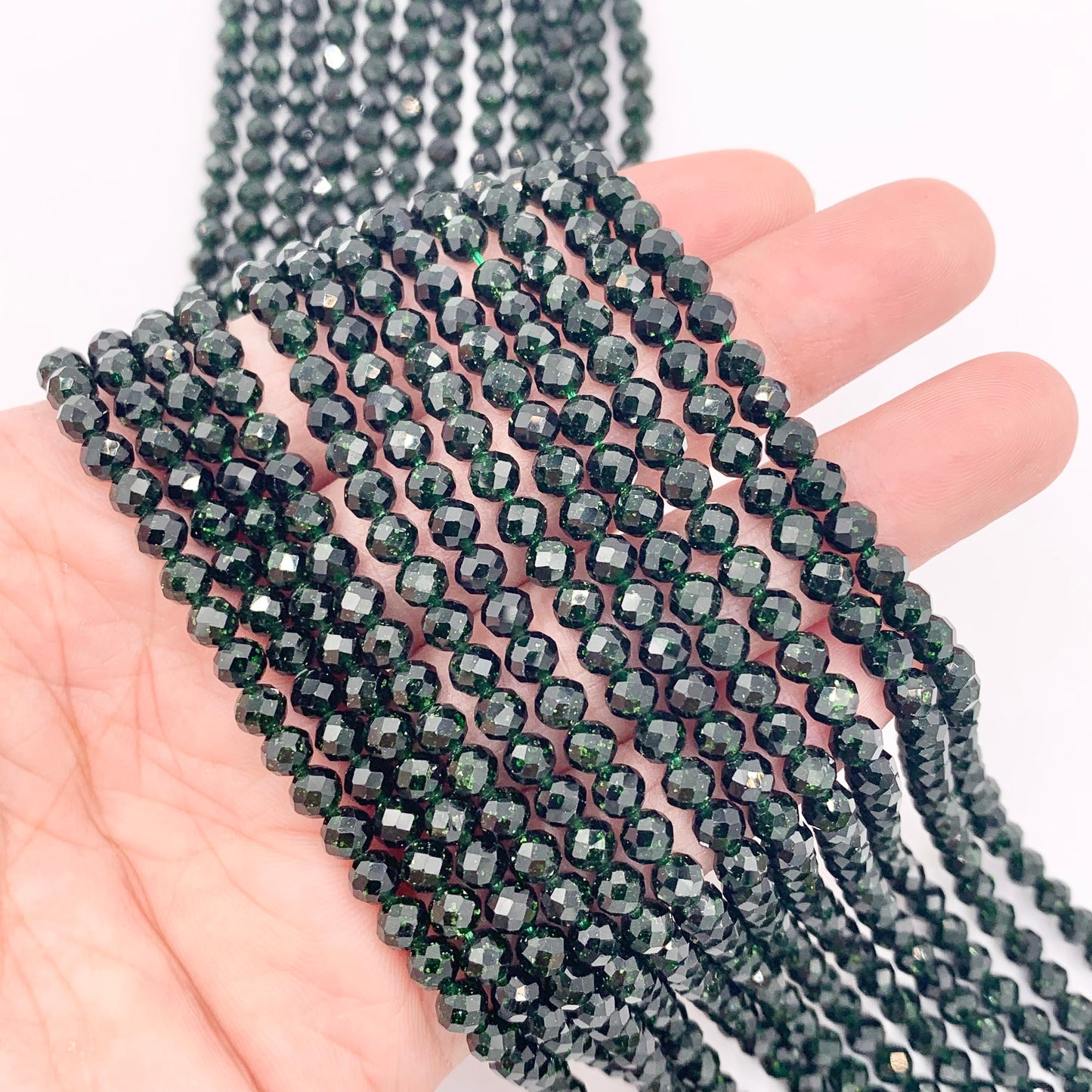 3mm 4mm Glittering Goldstone faceted Round Beads in Brown, Blue & Green Around 14.5"