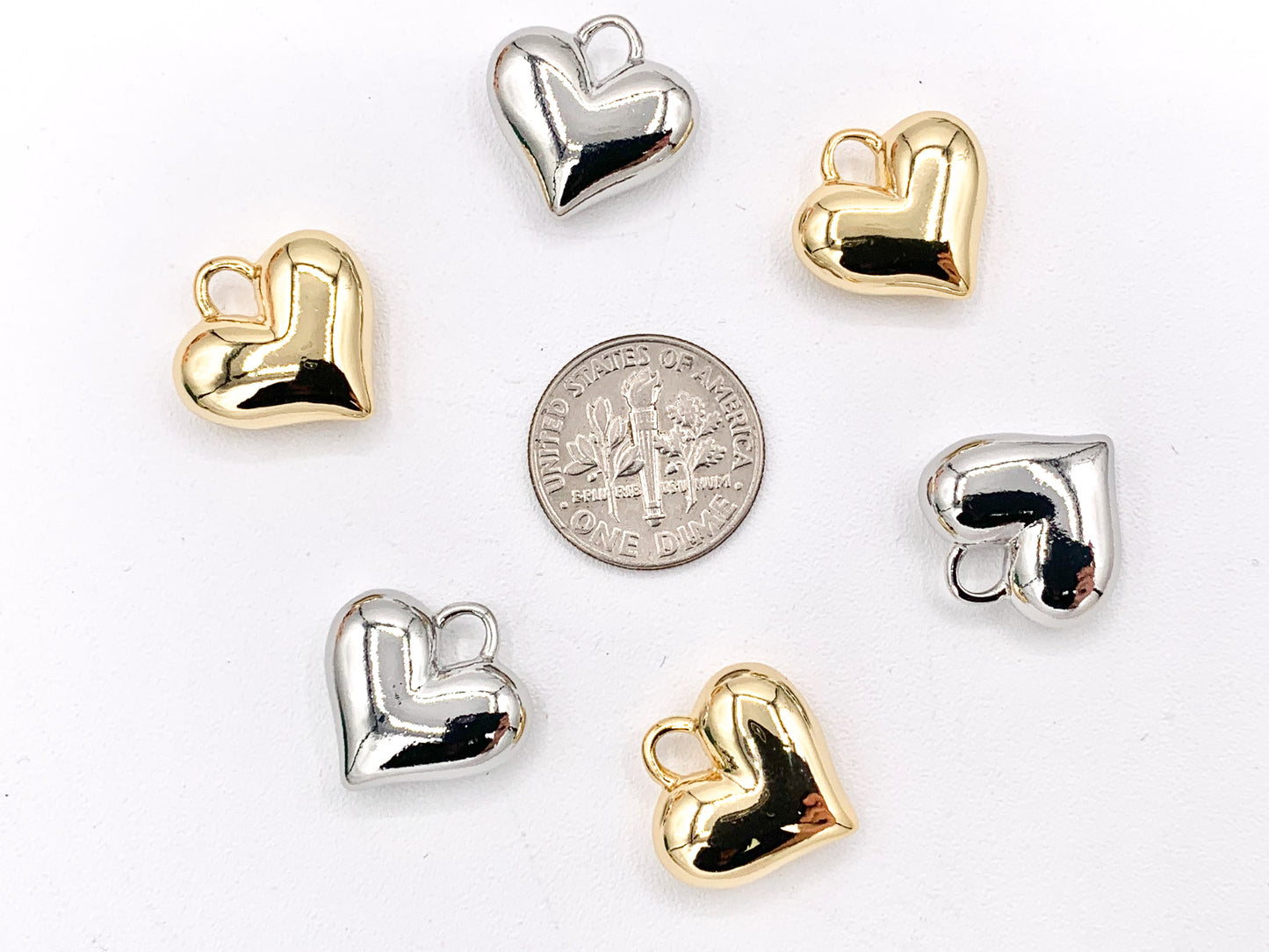 Cute Puffy Heart Pendant Charms in 18K Gold or Silver Plated Copper 6 PCS