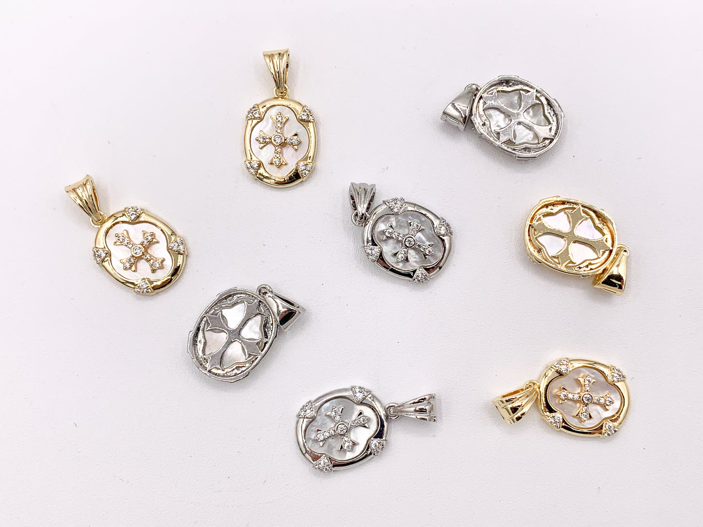 Religious Cross Oval Pendants with White Lip Shell Base CZ Pave Rhinestones in 18K Gold/Silver plated over Copper 5 pcs