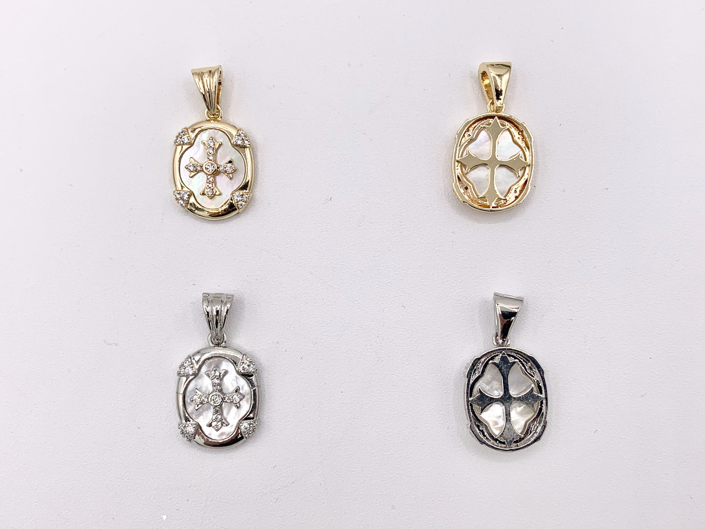 Religious Cross Oval Pendants with White Lip Shell Base CZ Pave Rhinestones in 18K Gold/Silver plated over Copper 5 pcs