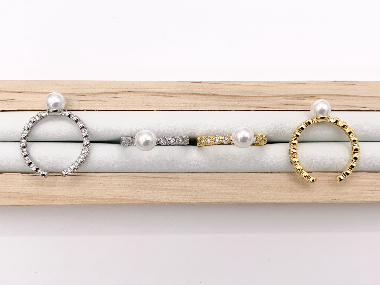 Single Pearl CZ Pave Adjustable Ring in Real Gold/Silver 18K Plated Copper 5 PCS