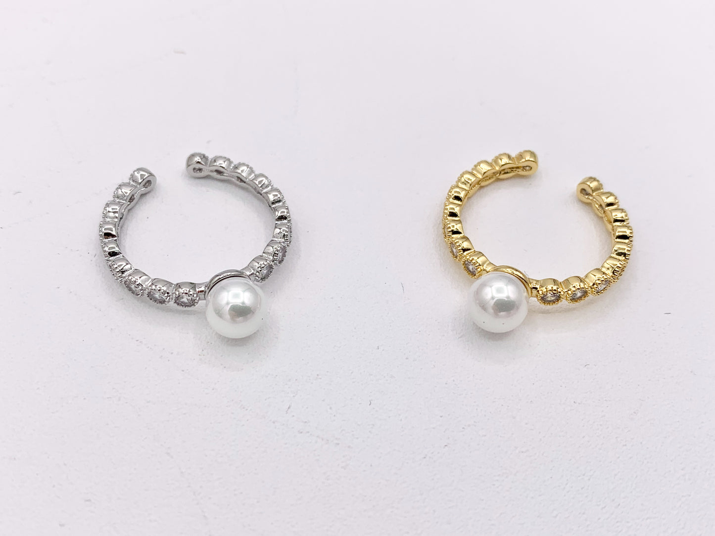 Single Pearl CZ Pave Adjustable Ring in Real Gold/Silver 18K Plated Copper 5 PCS