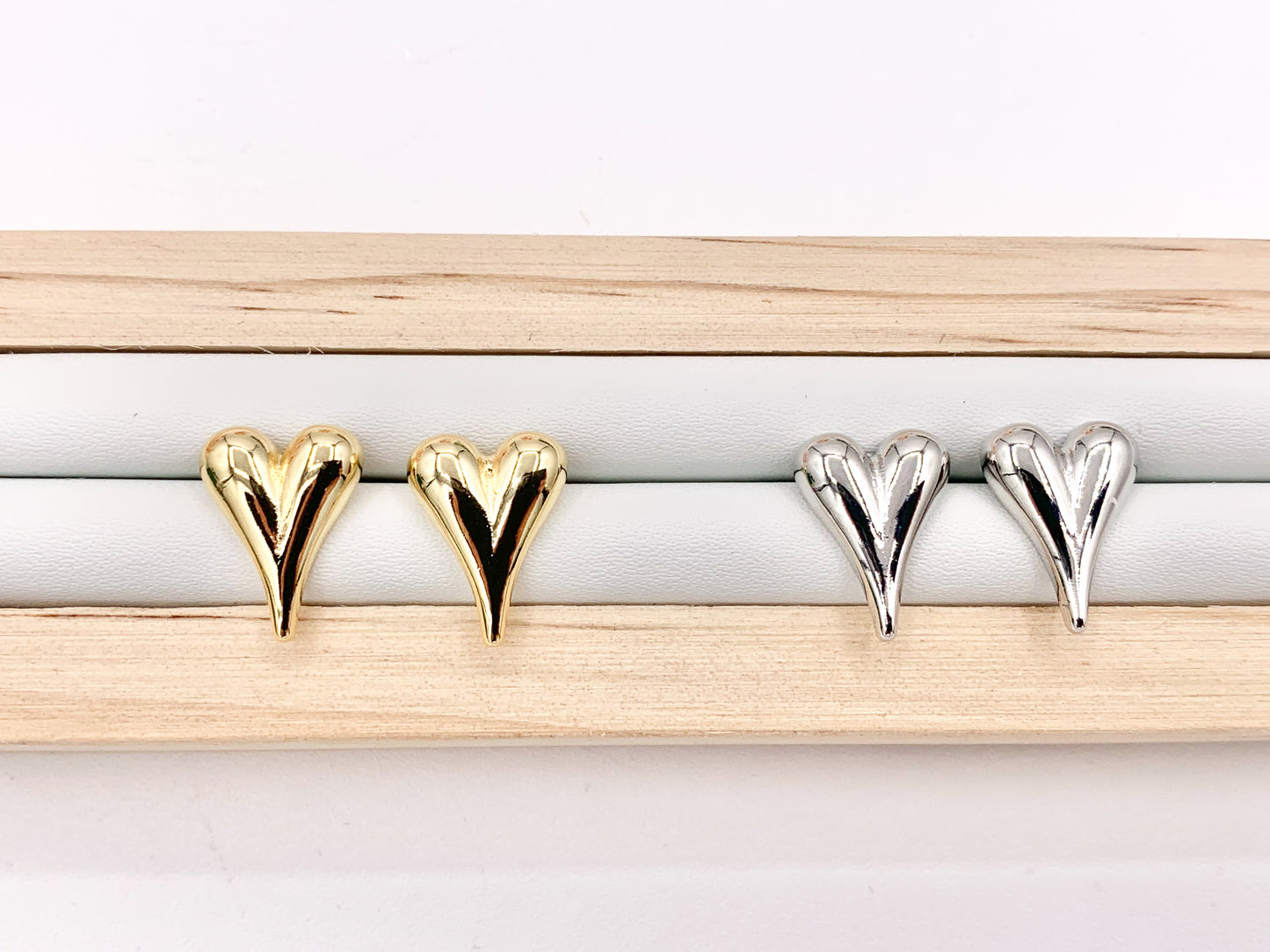 Cute Puffy Heart Earring Stud in Real 18K Gold and Silver Plated Over Copper 5 PAIRS