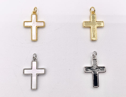 Dainty Cute White Lip Shell Cross Charms in 18K Gold/Silver Plated Copper 6 PCS