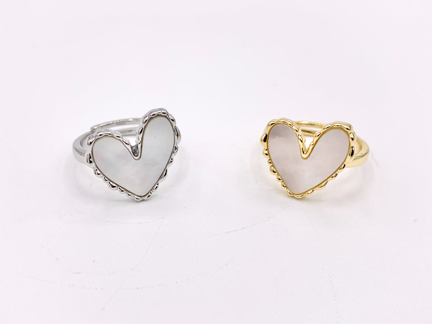 Dainty Abstract Heart White Lip Shell Adjustable Ring in 18K Real Gold/Silver Plated Copper 6 PCS