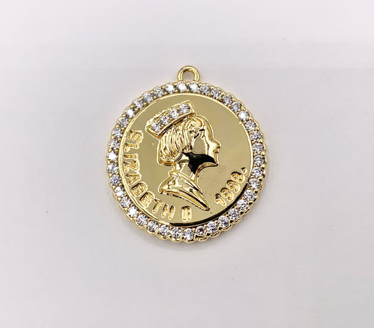 Queen Elizabeth Coin Pendant in CZ Pave 18K Gold Plated Copper 6PCS