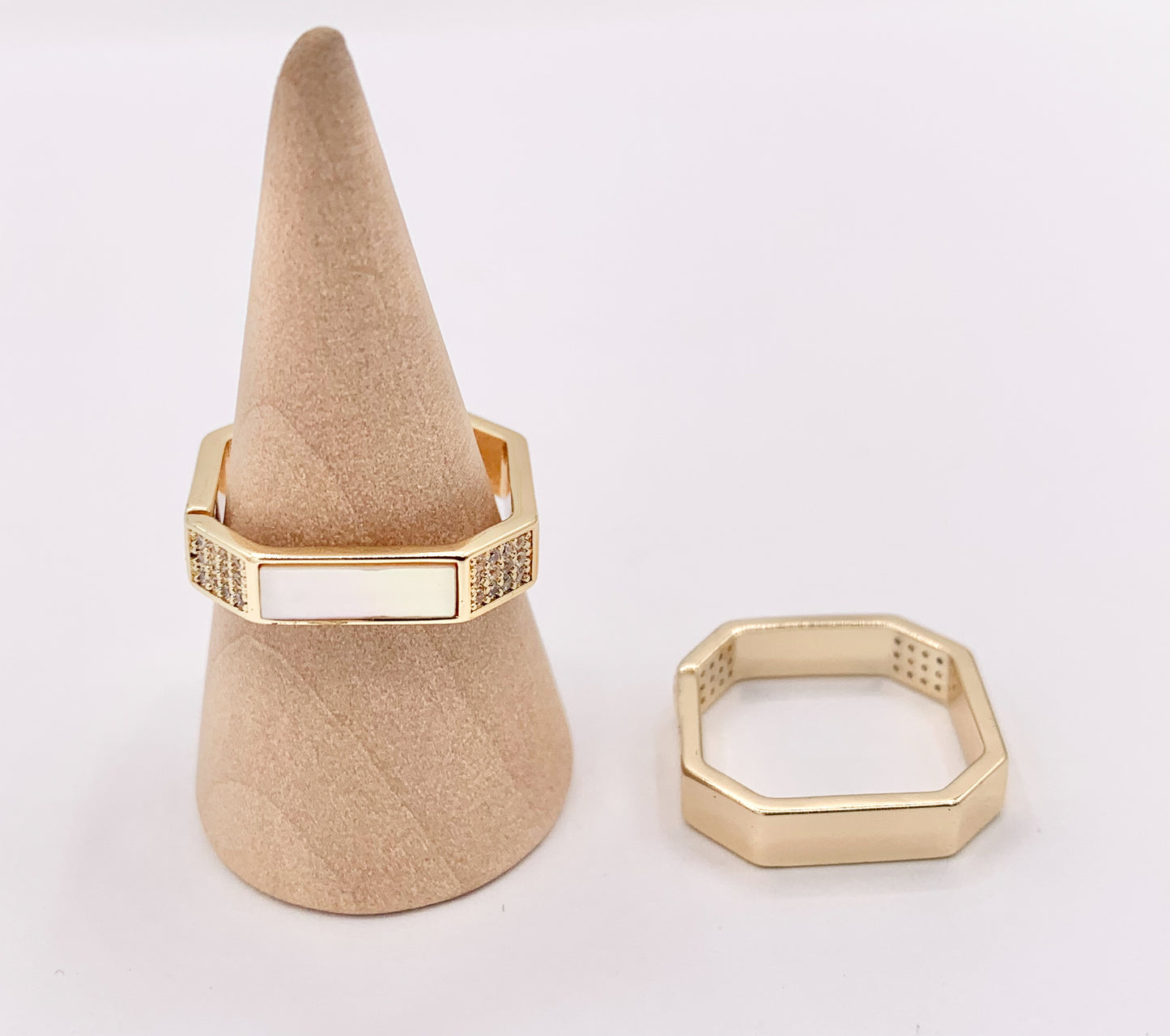 White Shell Banded CZ Pave Square Adjustable Ring in 18K Gold Plated Copper  4 PCS