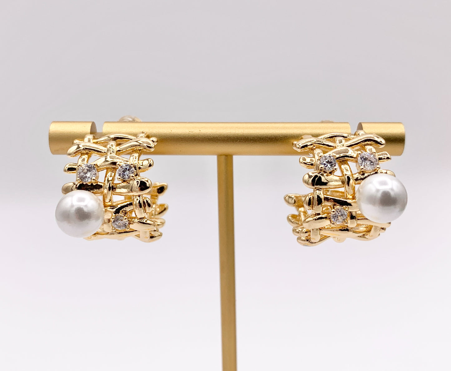 Thick CZ Pave Earring Hoop with Pearl in Real Gold 18K Over Copper 3 PAIRS