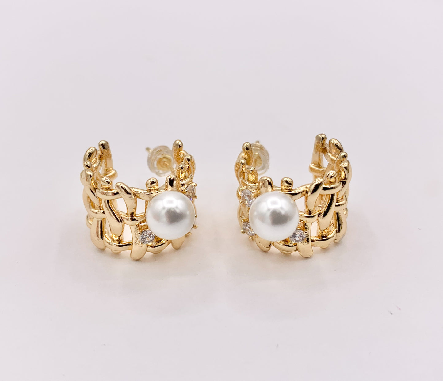 Thick CZ Pave Earring Hoop with Pearl in Real Gold 18K Over Copper 3 PAIRS