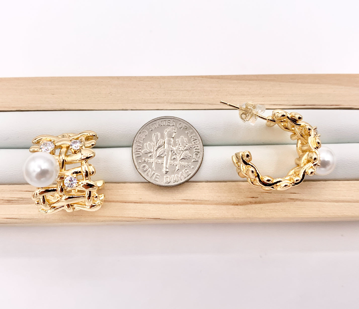 Thick CZ Pave Earring Hoop with Pearl in Real Gold 18K Over Copper 3 PAIRS