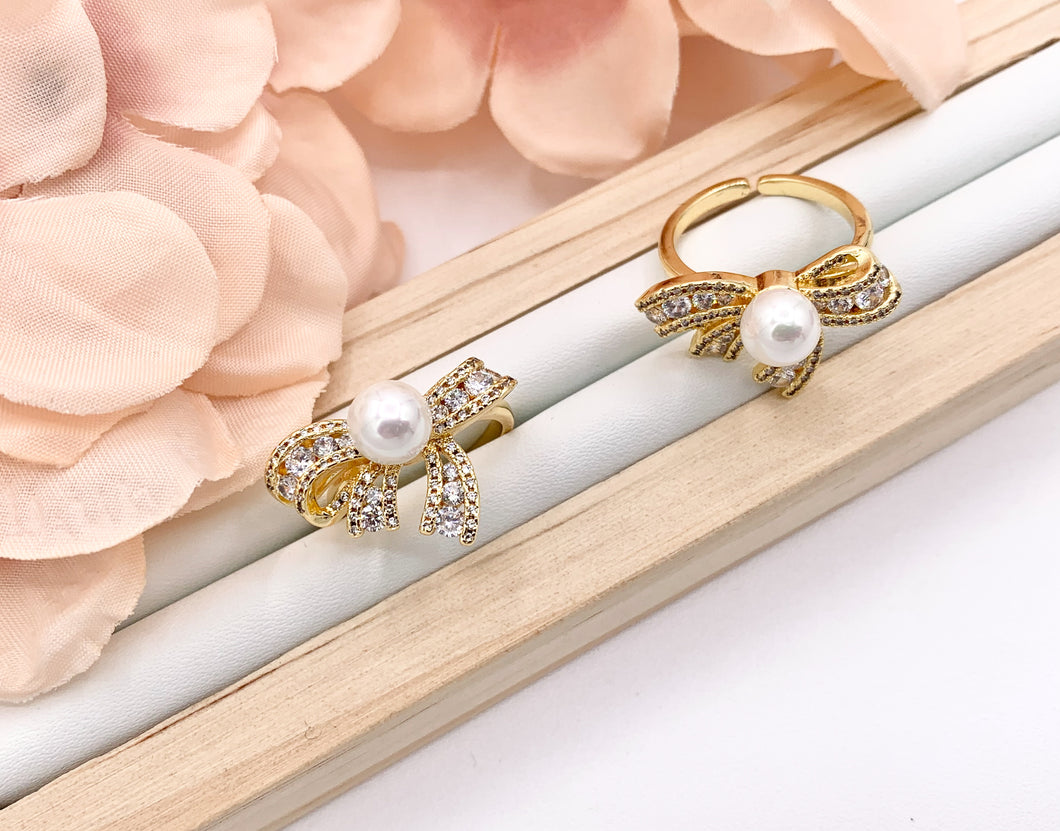 Beautiful Pearl Bow Tie Adjustable Ring in Real Gold 18K Plated with CZ Pave 4 PCS