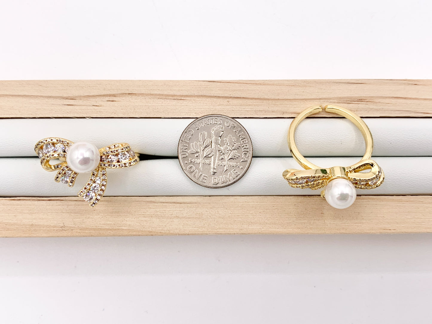 Beautiful Pearl Bow Tie Adjustable Ring in Real Gold 18K Plated with CZ Pave 4 PCS