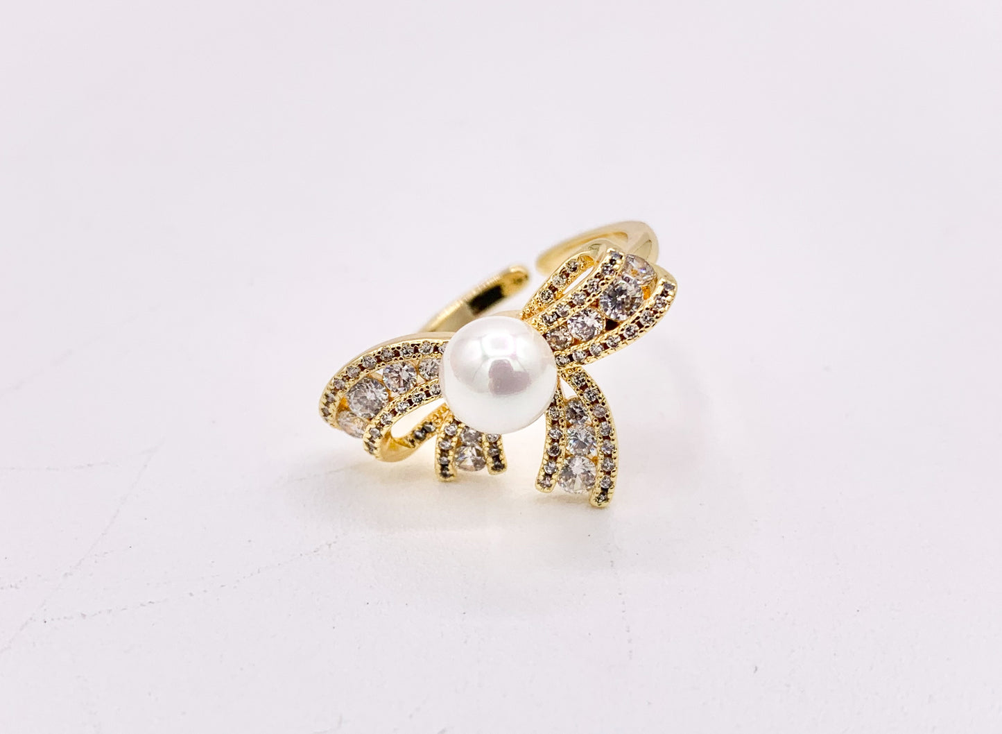 Beautiful Pearl Bow Tie Adjustable Ring in Real Gold 18K Plated with CZ Pave 4 PCS