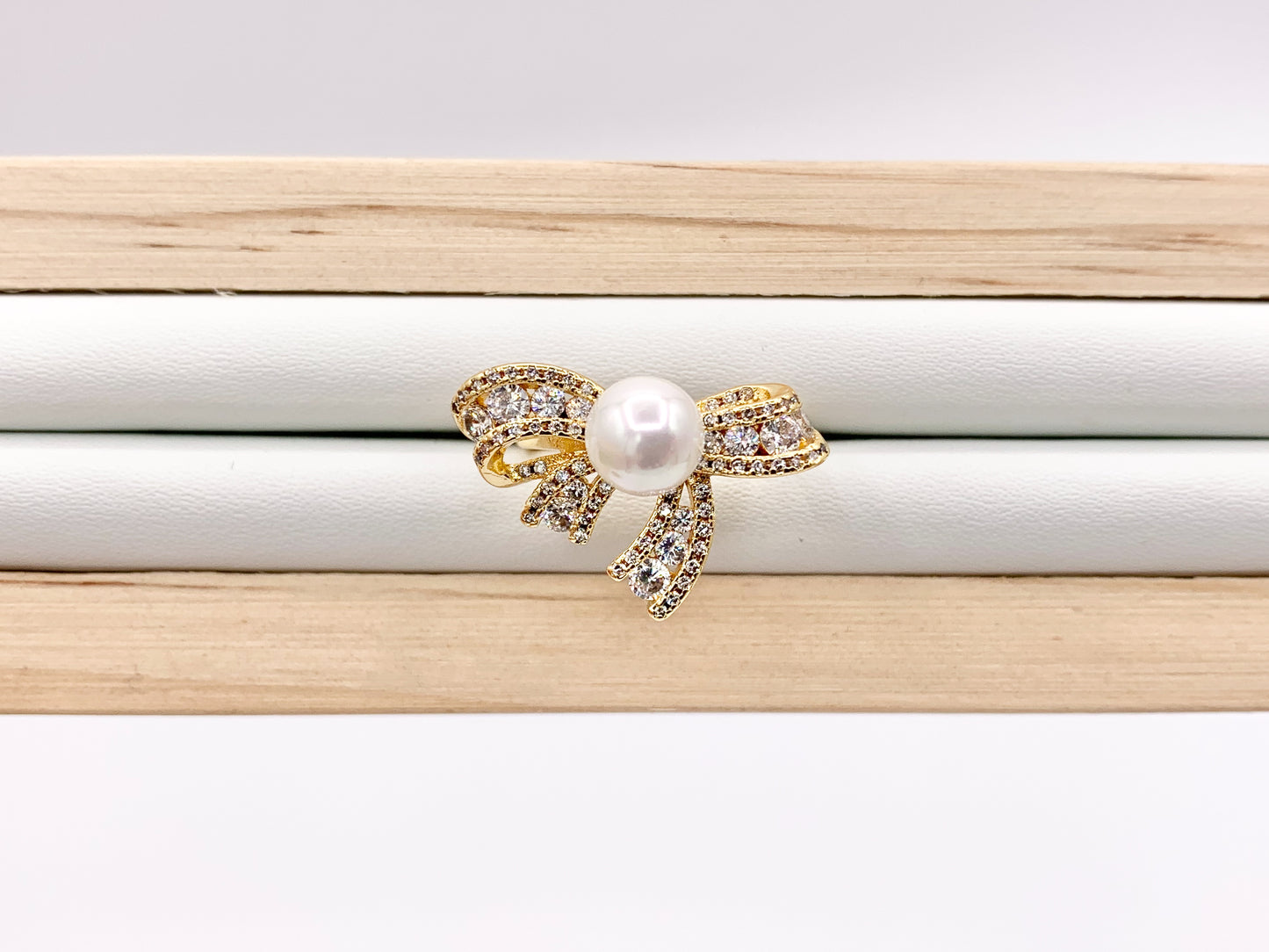Beautiful Pearl Bow Tie Adjustable Ring in Real Gold 18K Plated with CZ Pave 4 PCS