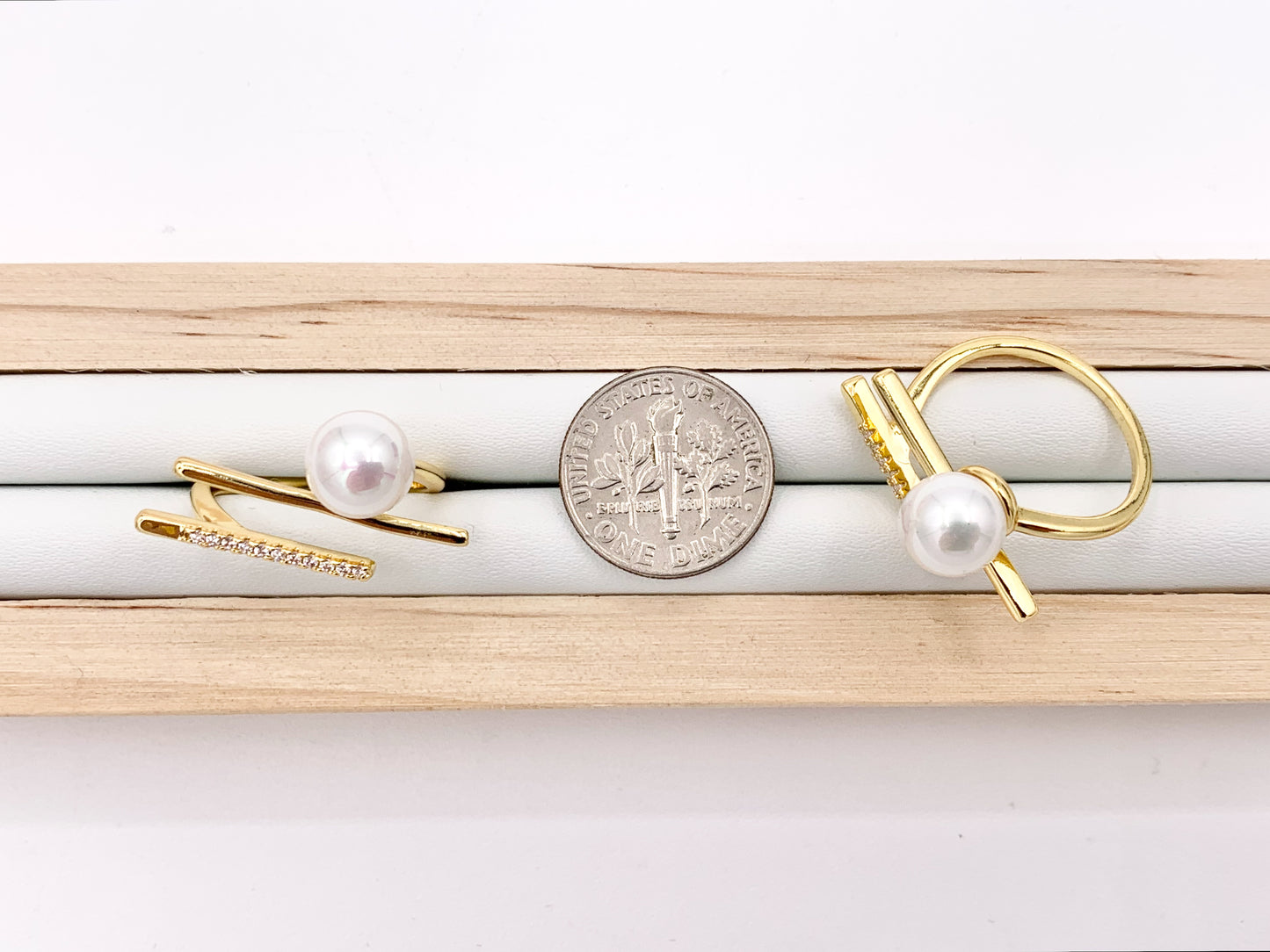 Statement Pearl Cubic Zirconia Open Front Rings in 18K Gold Plated Copper 5 PCS