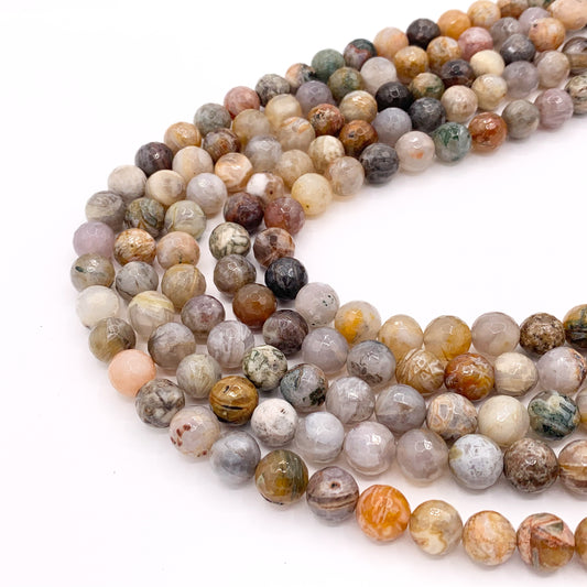 Bamboo Leaf Agate Round Faceted Shiny Natural Stone Beads 6mm 8mm 10mm 15"