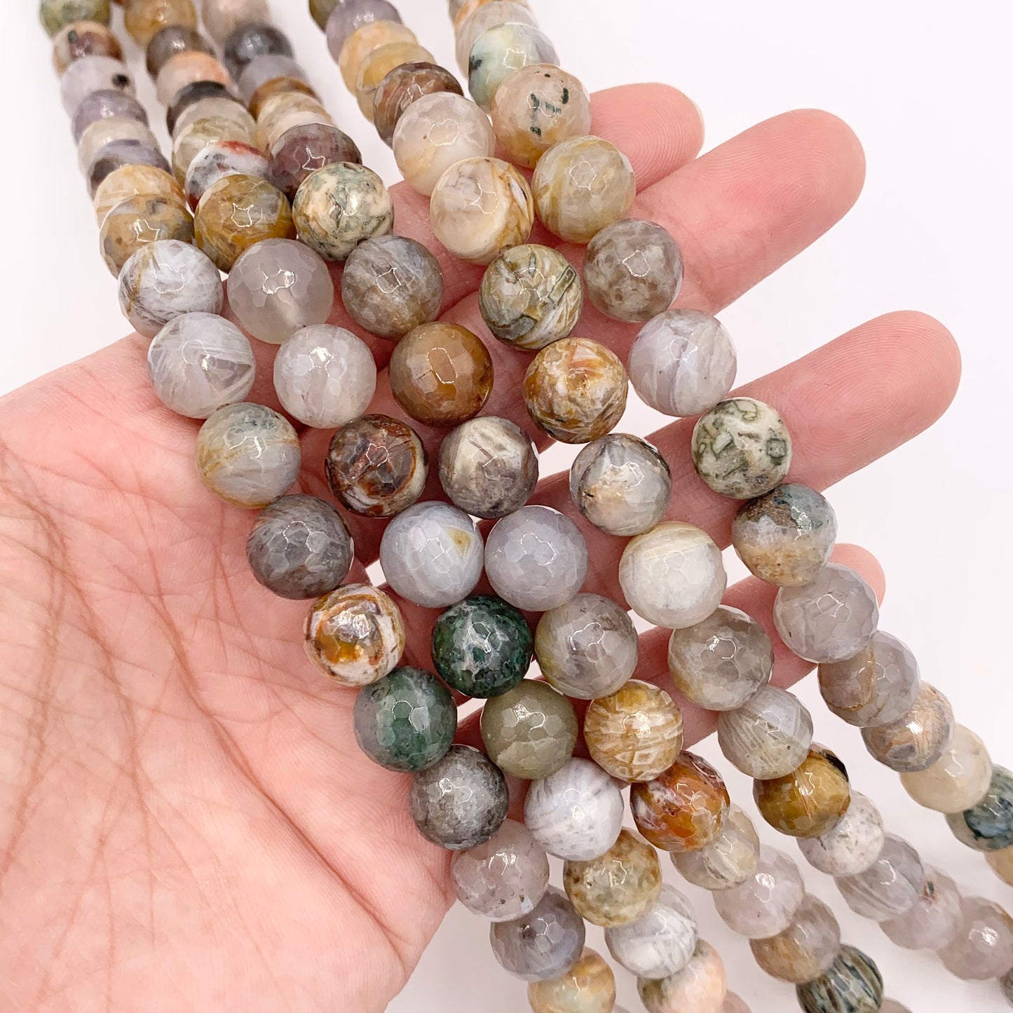 Bamboo Leaf Agate Round Faceted Shiny Natural Stone Beads 6mm 8mm 10mm 15"