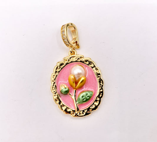 Vintage Style Pink Enamel Rose Flower with Faux Pearl in Oval Pendant With Open Bail Clasp in Real Gold 18K Plated Over Copper 4 PCS