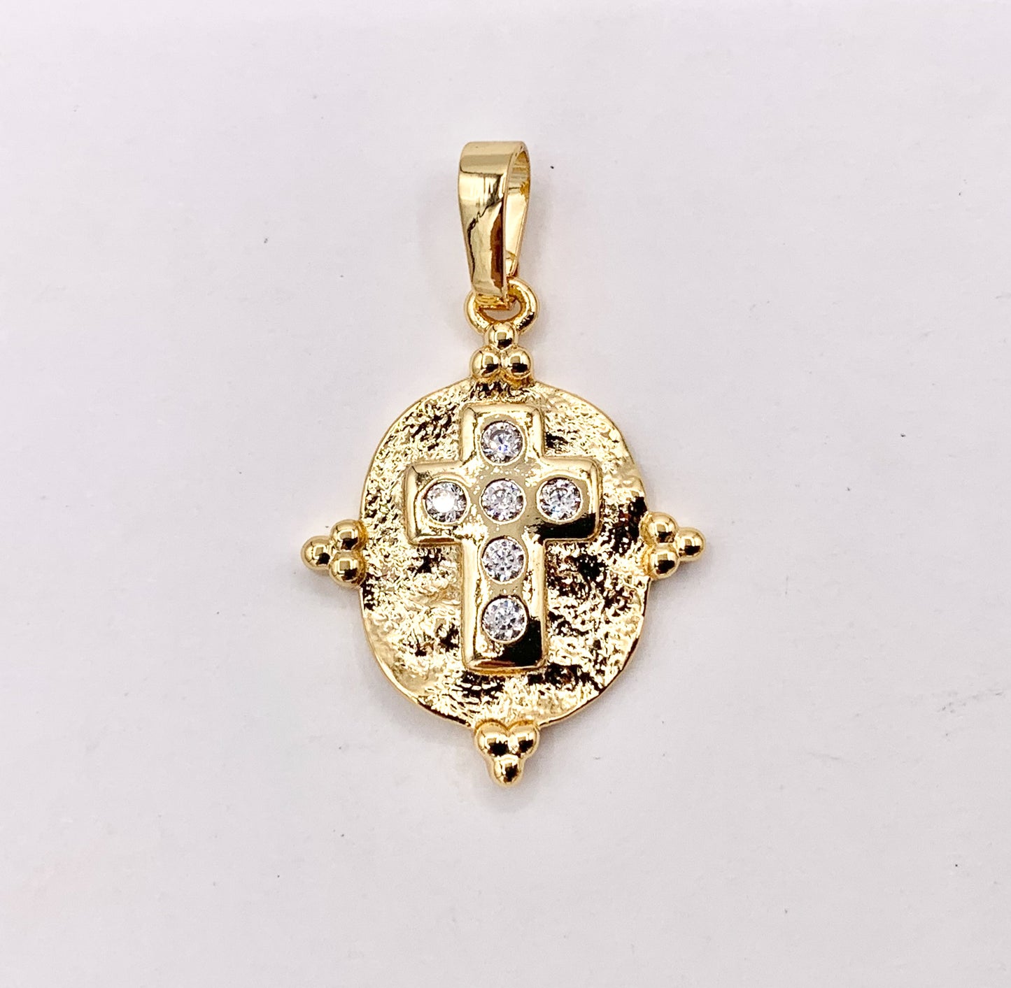 Hammered Oval CZ Pave Cross Pendant Charms in 18K Gold plated Copper 6 PCS