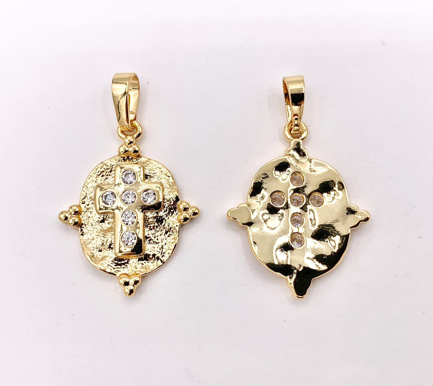 Hammered Oval CZ Pave Cross Pendant Charms in 18K Gold plated Copper 6 PCS