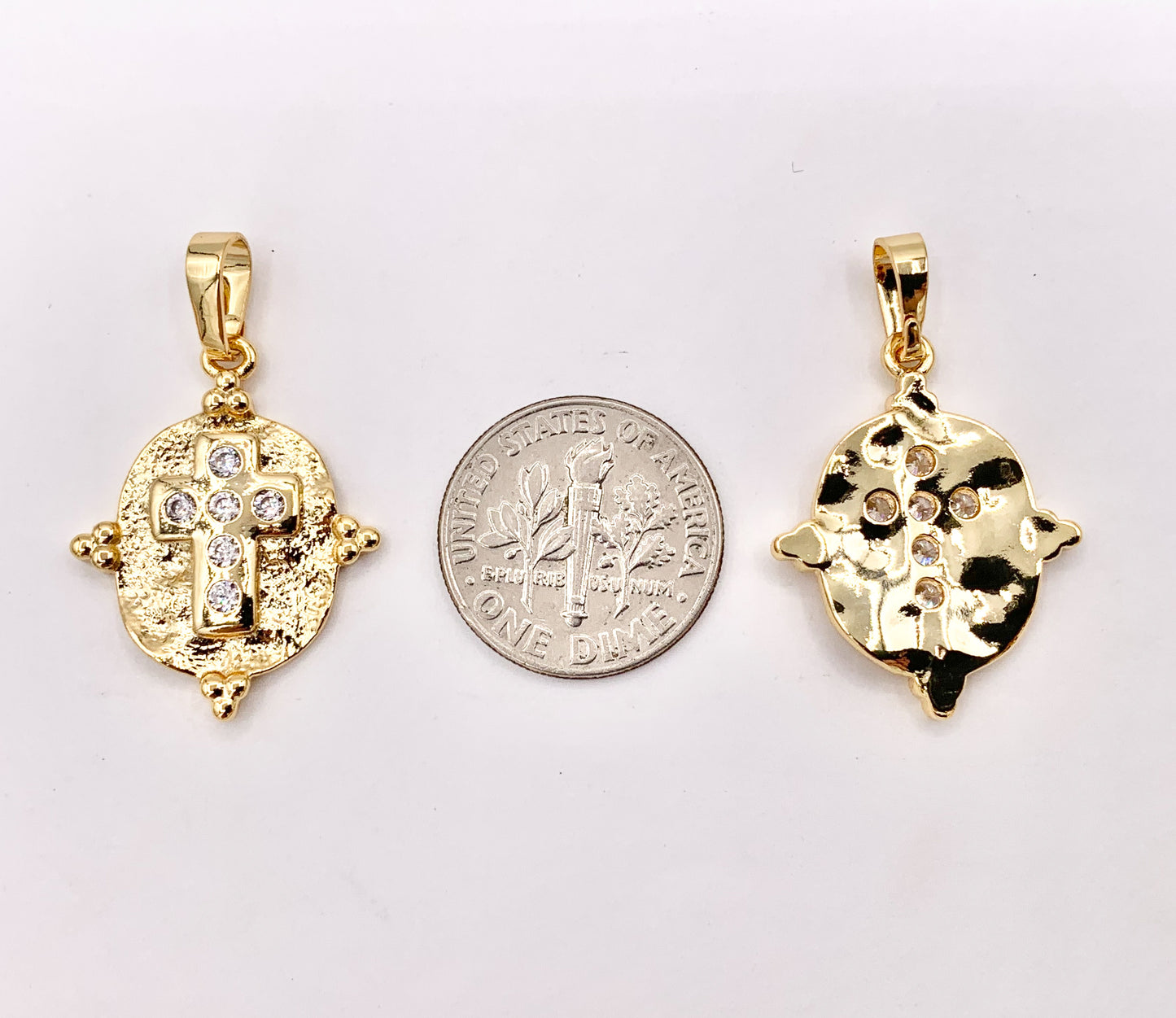 Hammered Oval CZ Pave Cross Pendant Charms in 18K Gold plated Copper 6 PCS