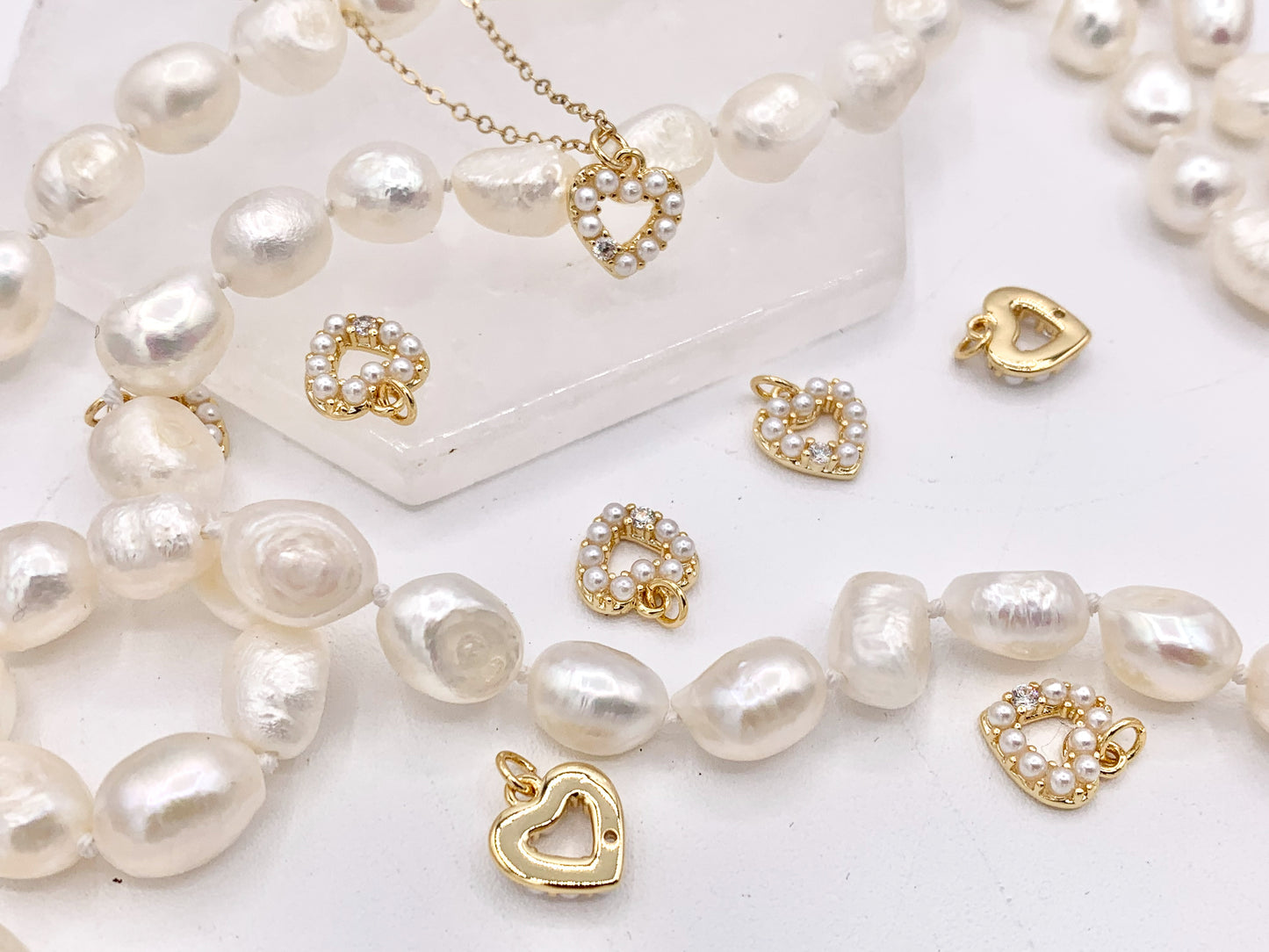 Tiny Mother of Pearl CZ Pave Heart Charm in Real Gold Plated 18K Over Copper 10 PCS