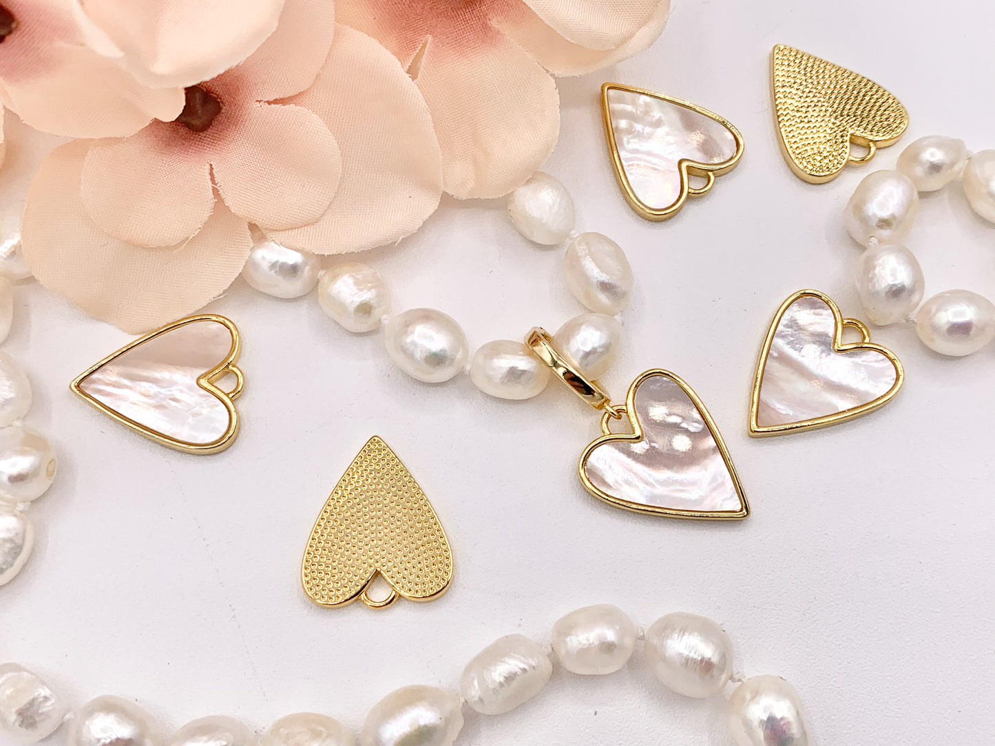 Mother of Pearl Heart Pendant Charm in Real Gold 18K Plated Over Brass 6PCS