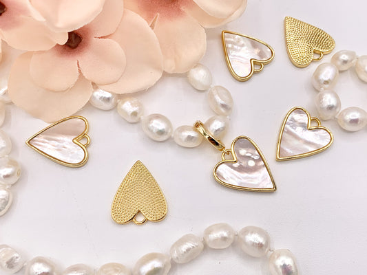 Mother of Pearl Heart Pendant Charm in Real Gold 18K Plated Over Brass 6PCS