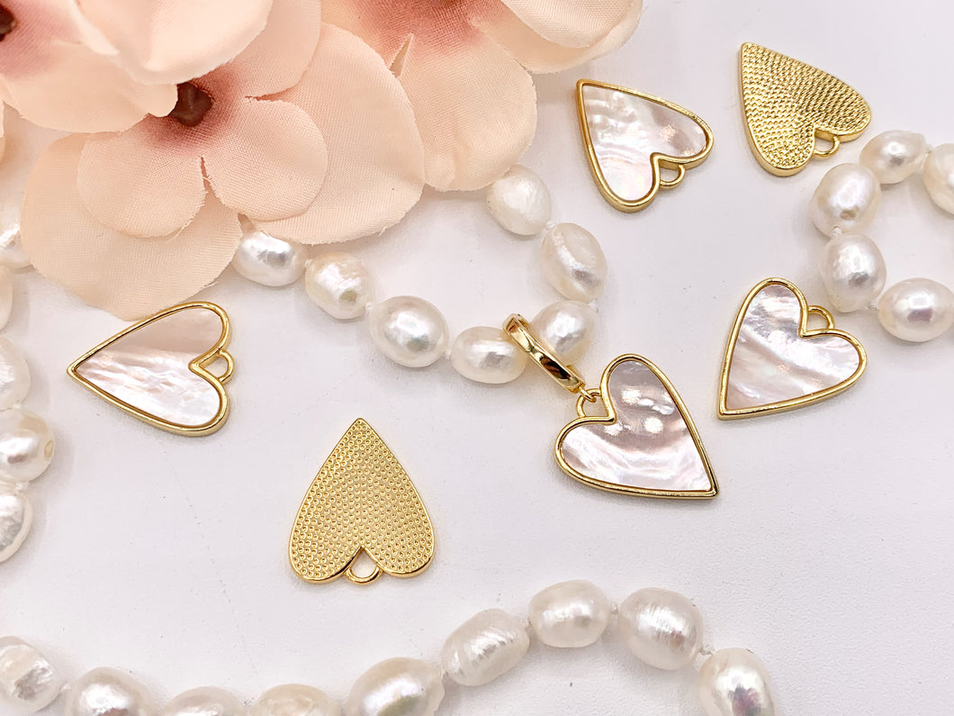 Mother of Pearl Heart Pendant Charm in Real Gold 18K Plated Over Brass 6PCS