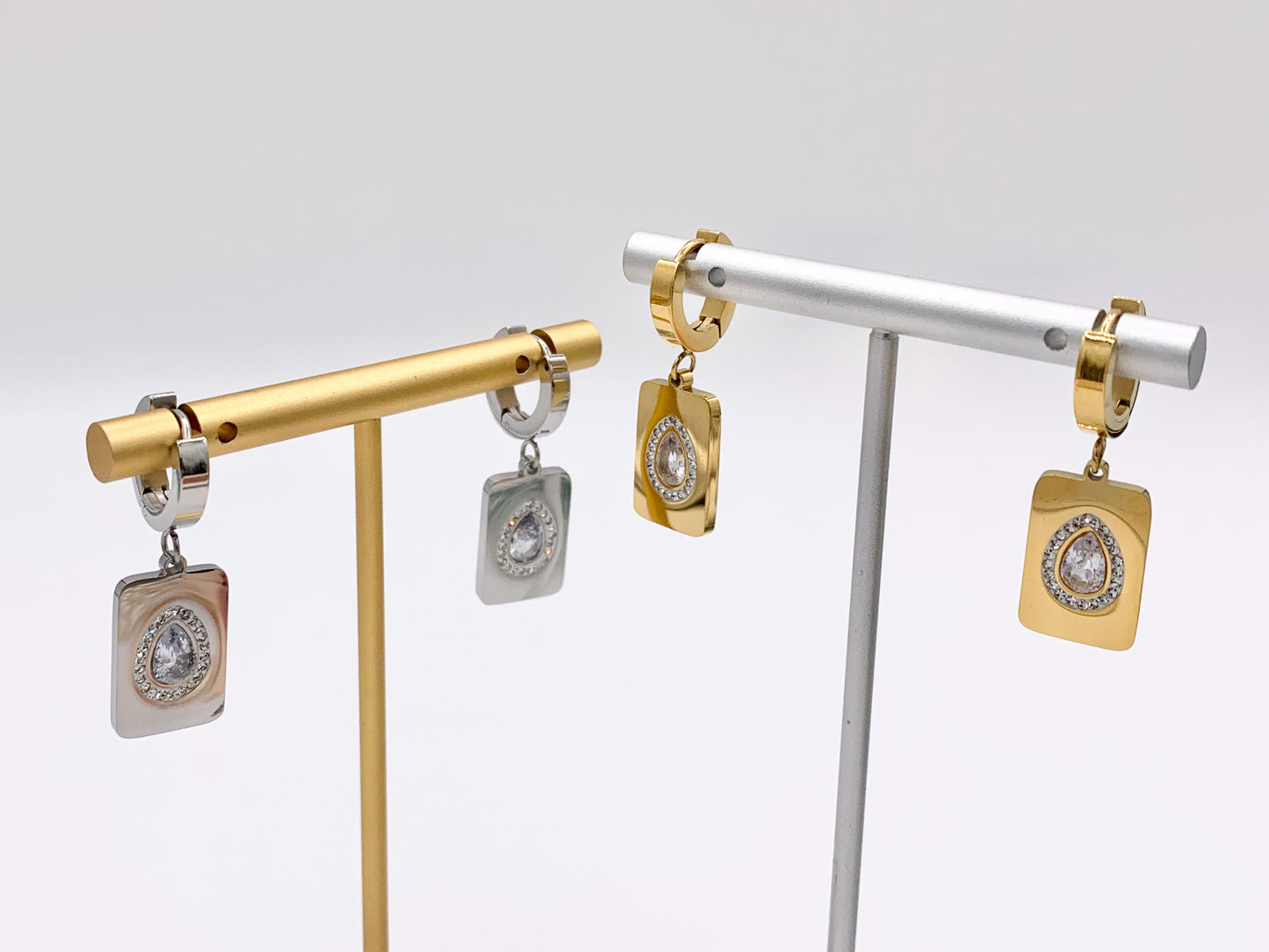 Stainless Steel CZ Pave Rectangle Earrings Huggies in 18K Gold/Silver plated Stainless Steel 3 PAIRS