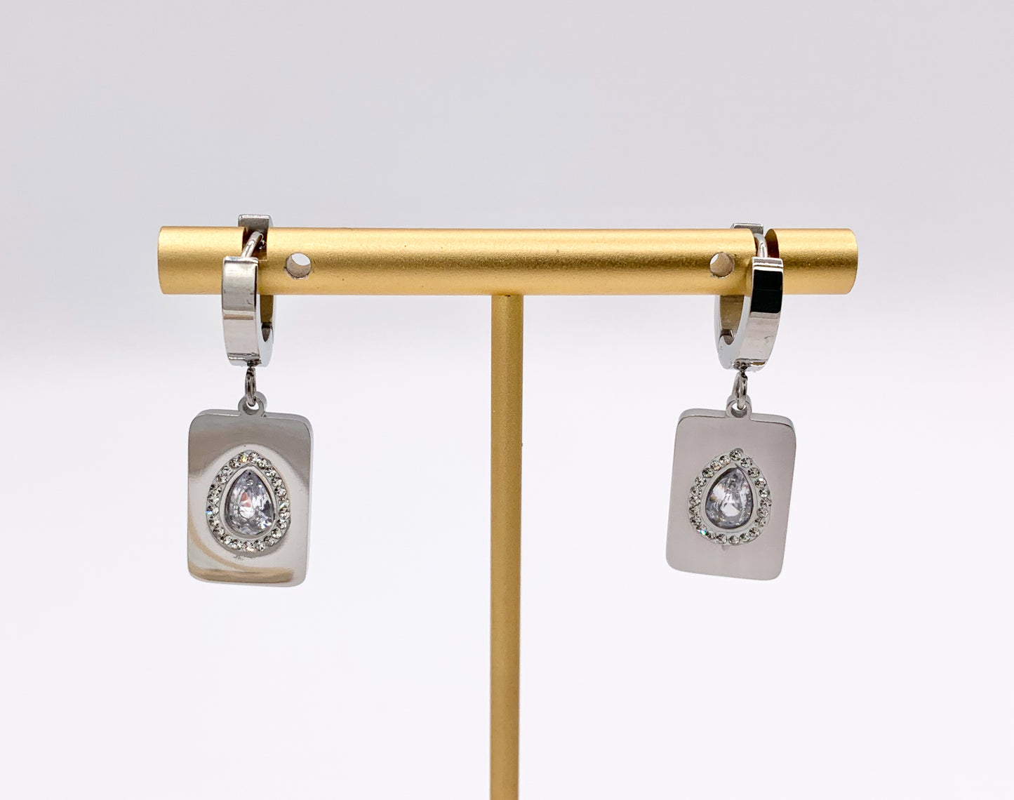 Stainless Steel CZ Pave Rectangle Earrings Huggies in 18K Gold/Silver plated Stainless Steel 3 PAIRS