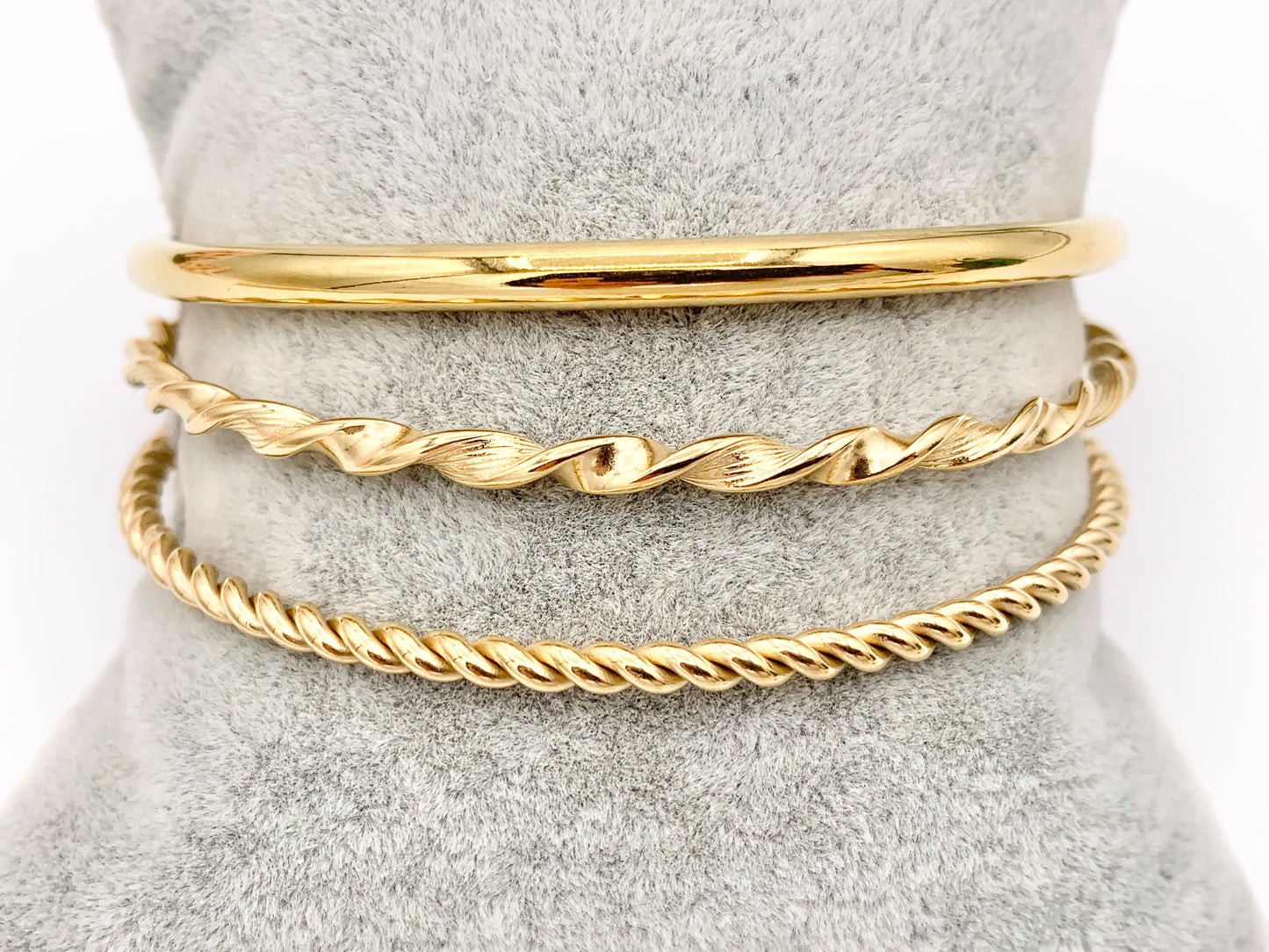 8 " Stainless Steel Round Plain and Twisted Roped Close Bangles in 18K Gold plated Stainless Steel