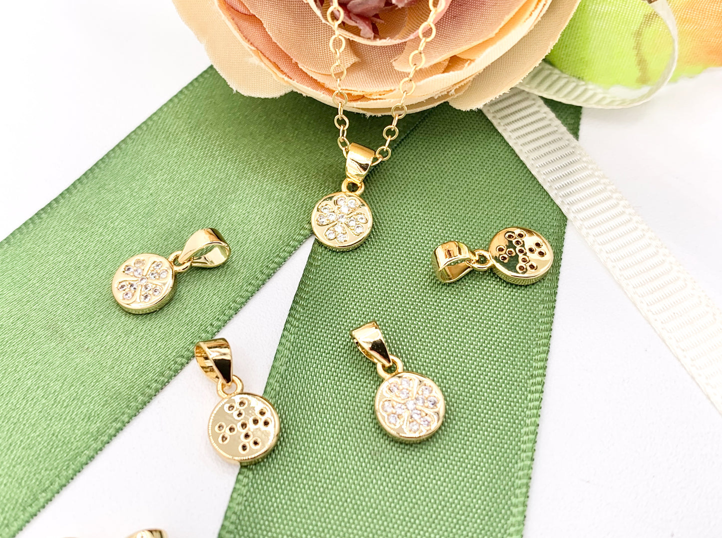 Tiny Coin Clover Charms with Bail in Real Gold 18K Plated CZ Pave Brass 10PCS